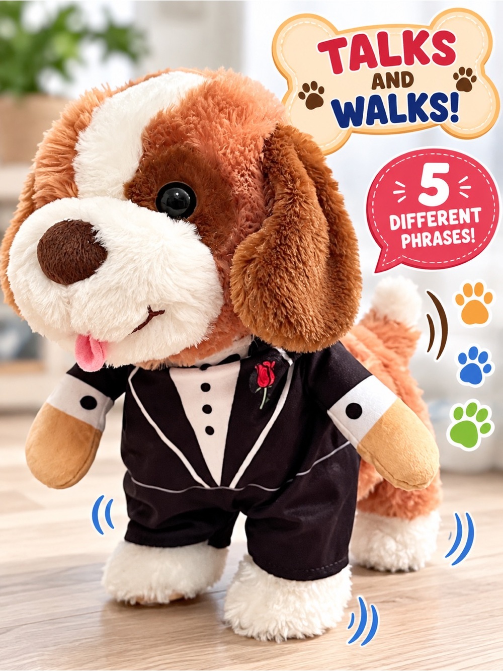Cuddle Barn My Favorite Pet Duke Talking Walking Tuxedo Plush Puppy Dog NWT